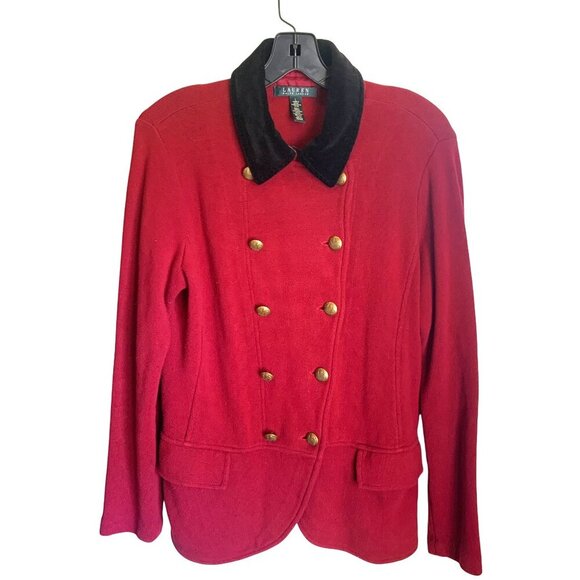 VTG LRL Sweater Blazer Red Military-Style Velvet Collar Gold Buttons L Preppy - Picture 8 of 14